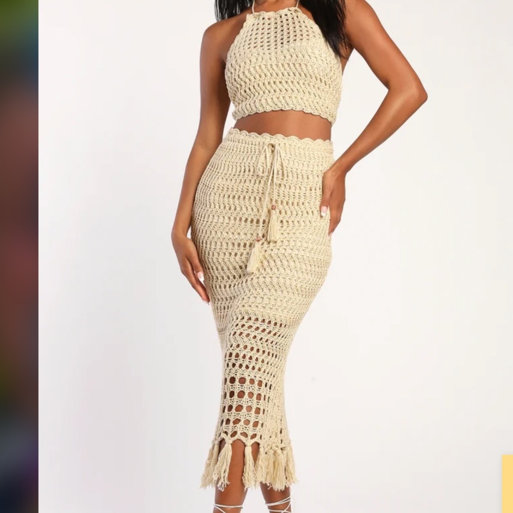 Crochet dress. Lulus Knit the Beach Beige Halter Two-Piece Midi